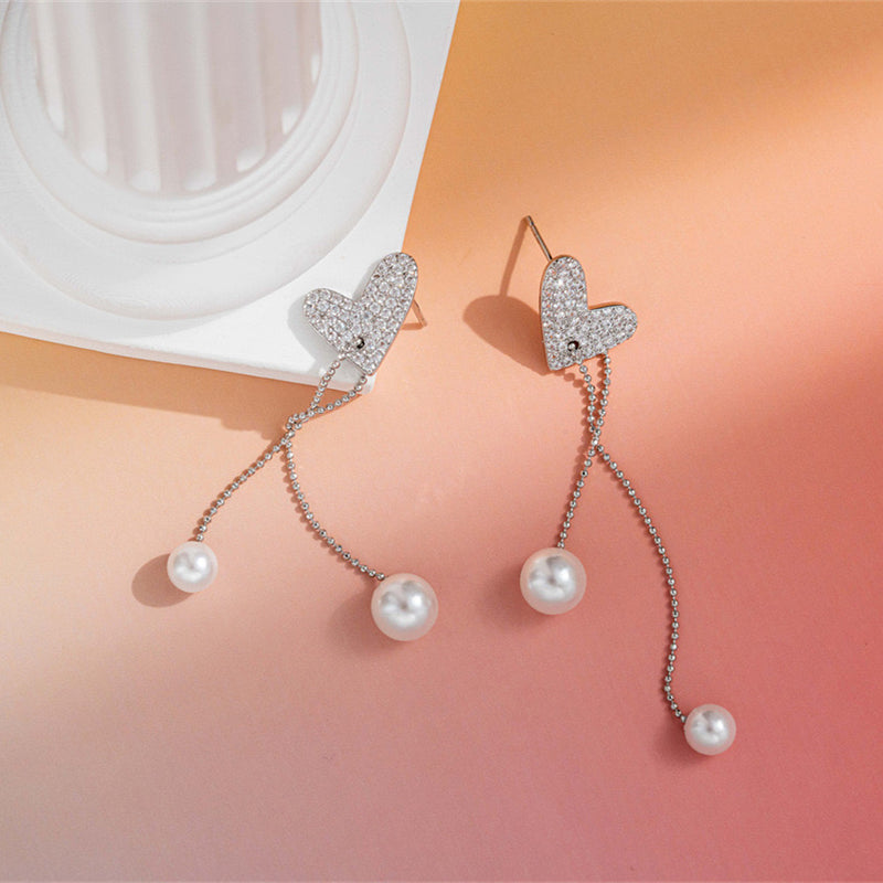 Heart Pearl Chain Dangle Stud Statement Earrings