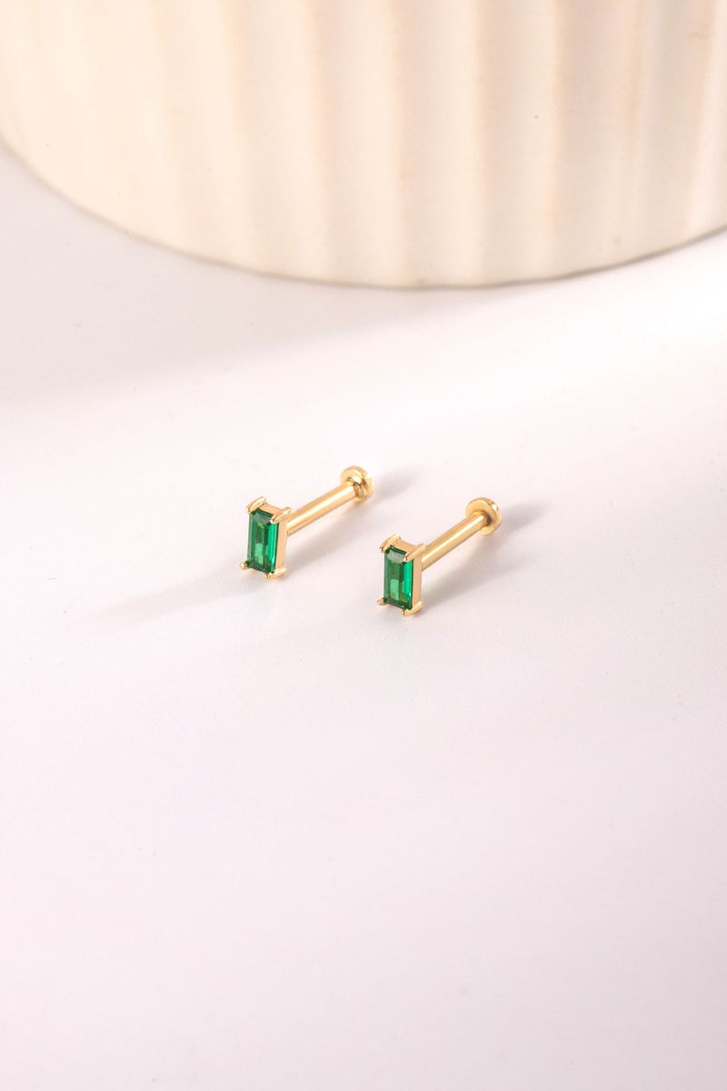 14K Solid Gold Green Baguette Flat Back Stud