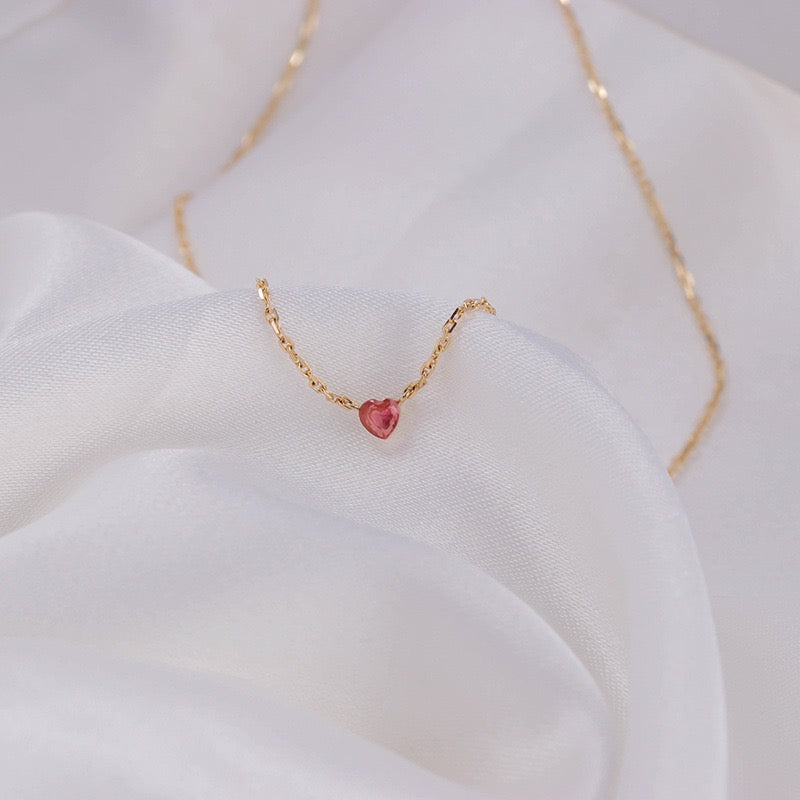 10K Solid Yellow Gold Pink Heart Necklace