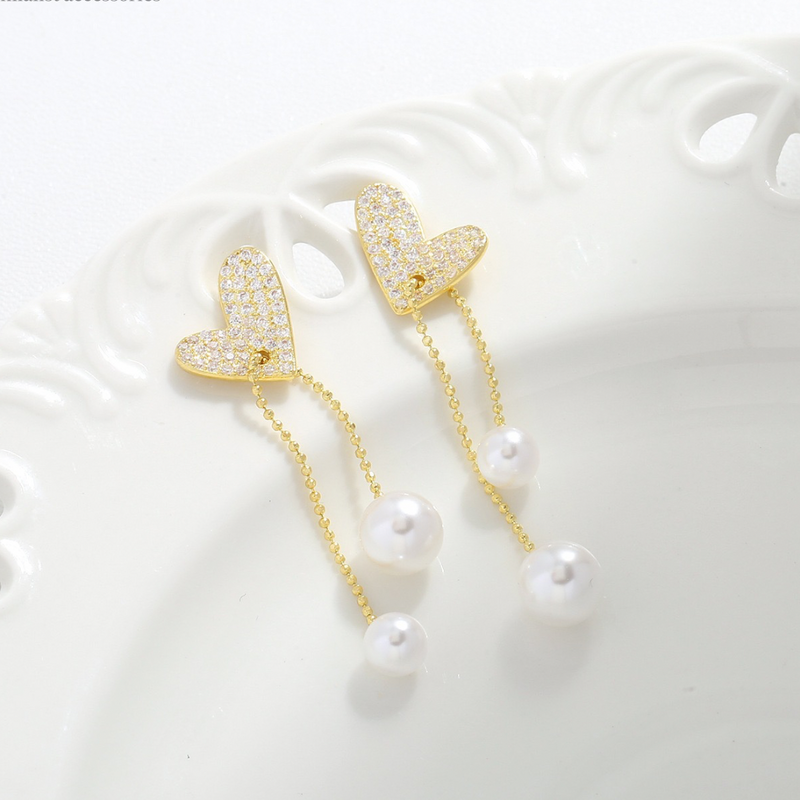 Heart Pearl Chain Dangle Stud Statement Earrings