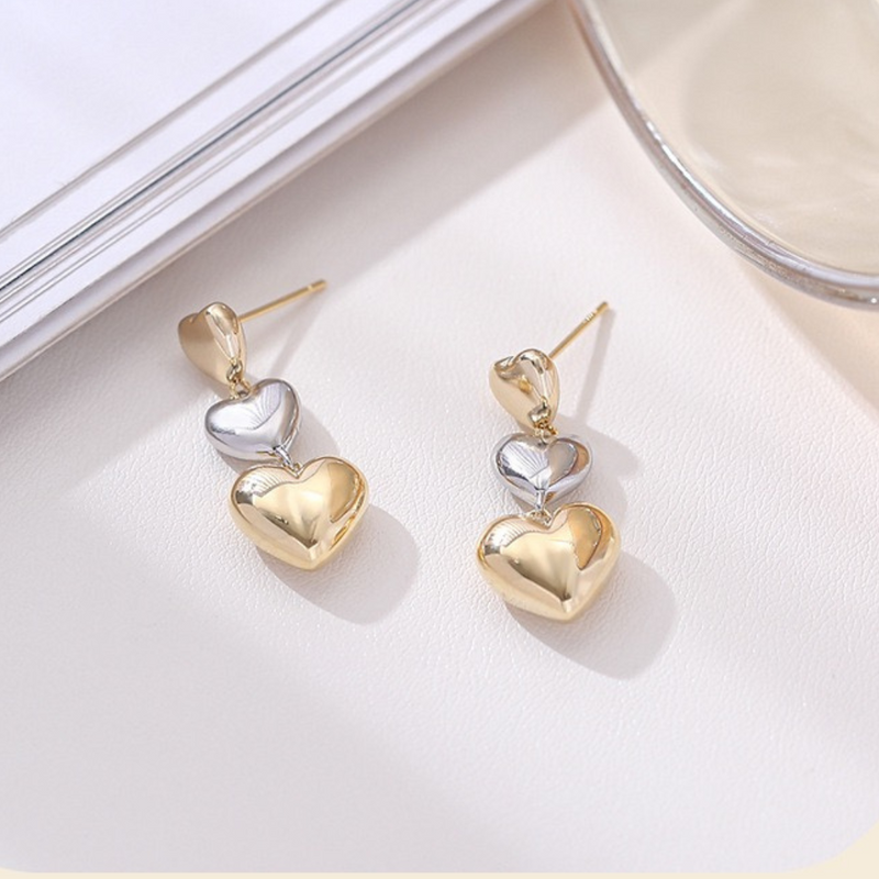 Puffy Heart Dangle Stud Statement Earrings