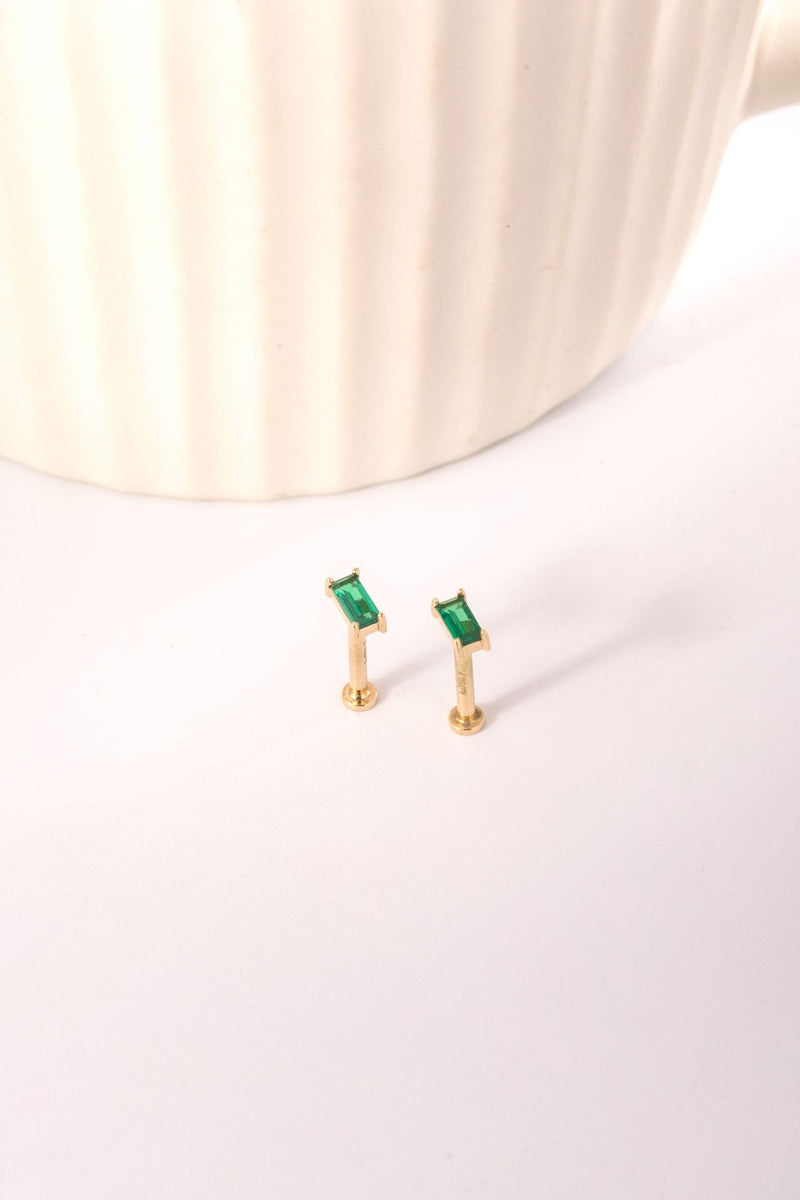 14K Solid Gold Green Baguette Flat Back Stud