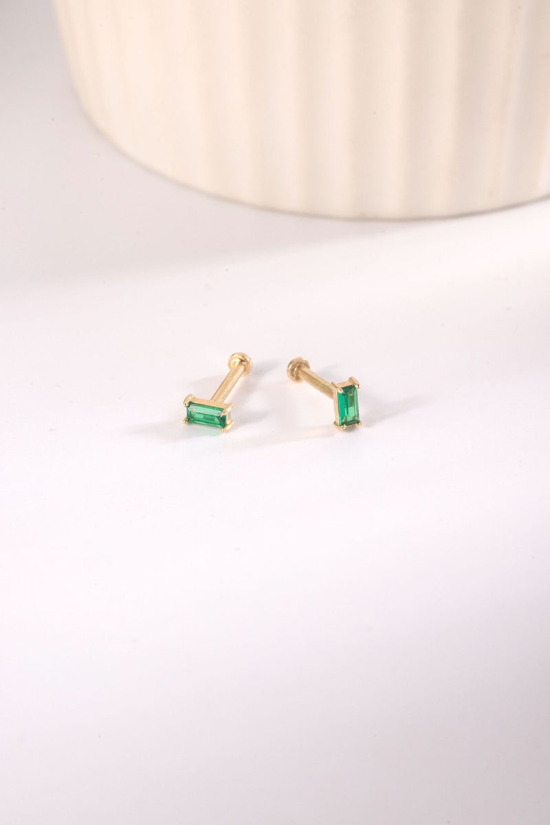 14K Solid Gold Green Baguette Flat Back Stud