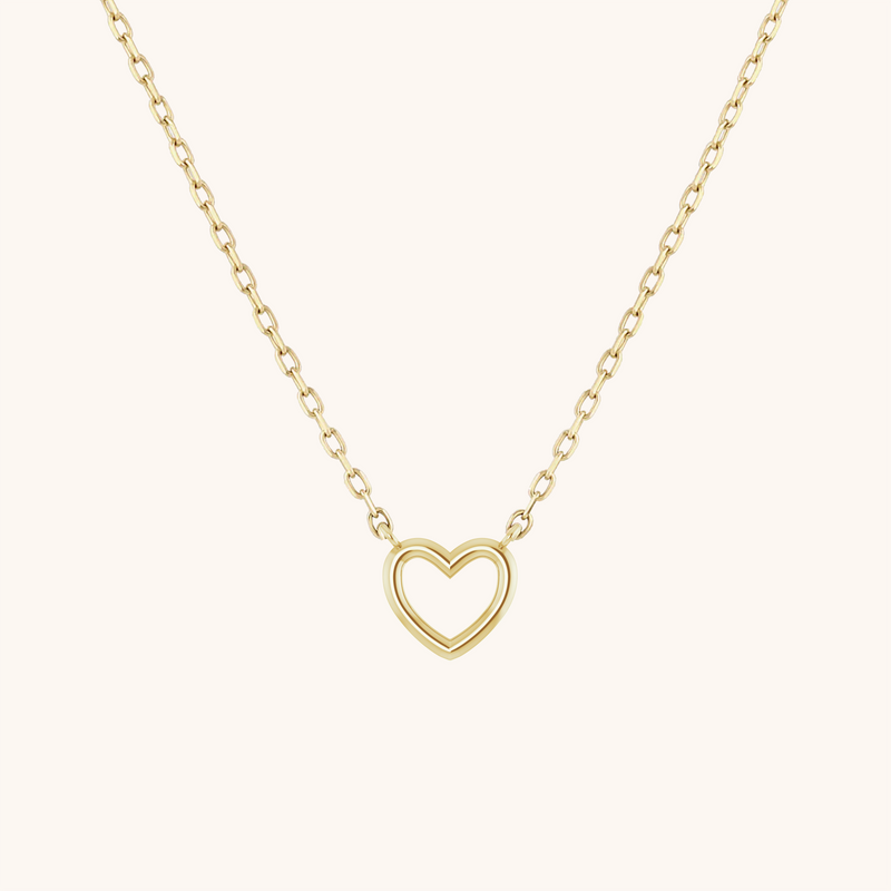 14K Solid Gold Dainty Heart Outline Center Necklace