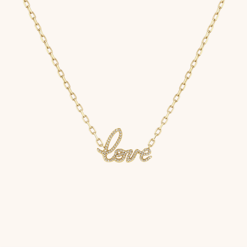 14K Solid Gold Dainty Love Diamond Center Necklace