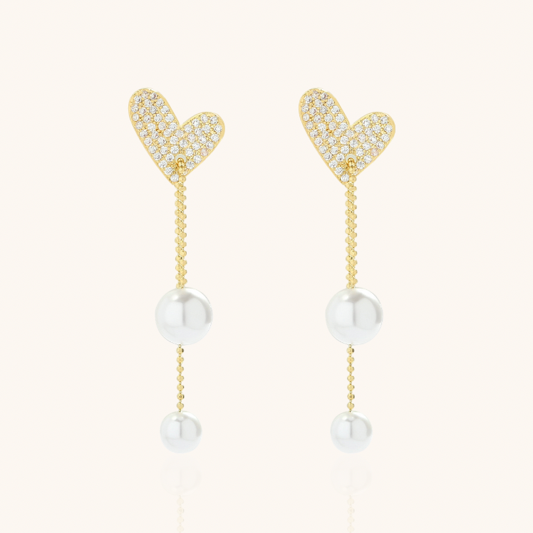 Heart Pearl Chain Dangle Stud Statement Earrings