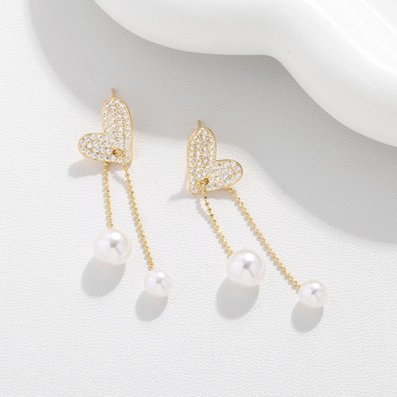 Heart Pearl Chain Dangle Stud Statement Earrings