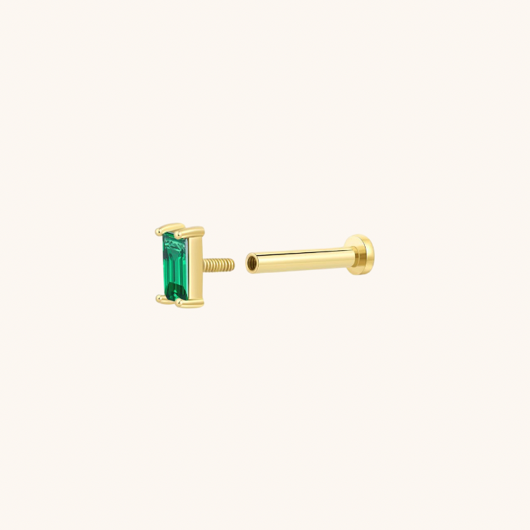 14K Solid Gold Green Baguette Flat Back Stud