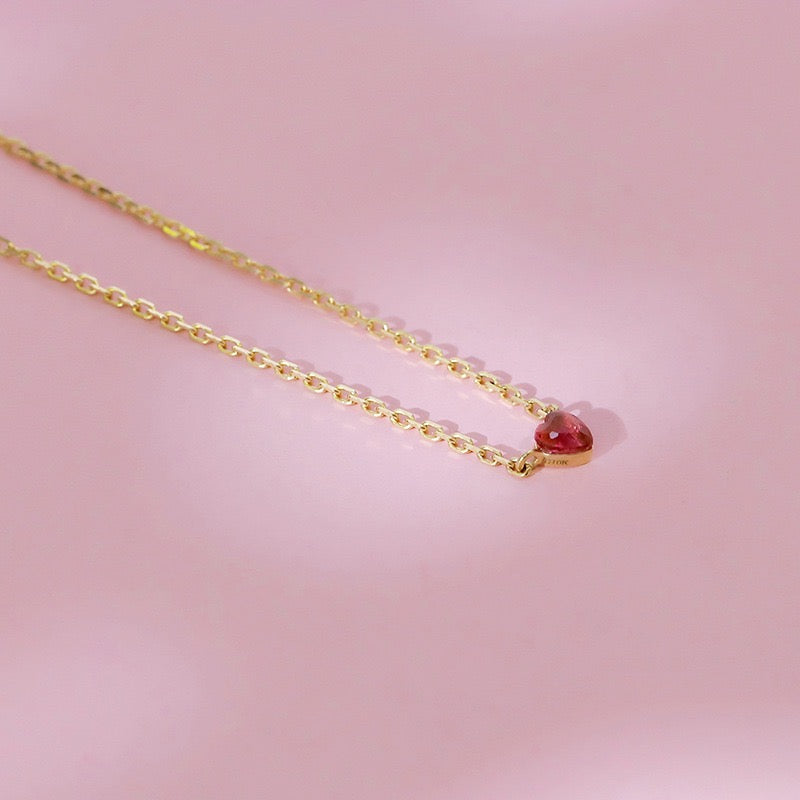 10K Solid Yellow Gold Pink Heart Necklace