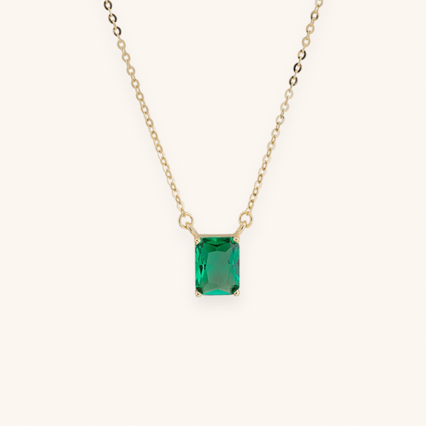 14K Solid Yellow Gold Green Baguette Necklace