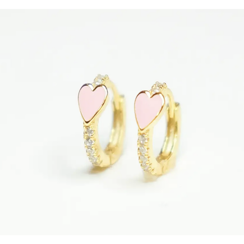 Baby Pink Enamel Heart Pave Huggie Earrings