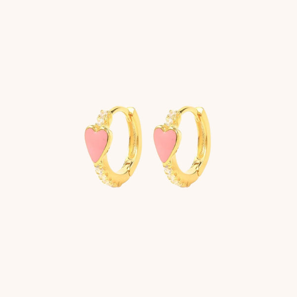 Baby Pink Enamel Heart Pave Huggie Earrings