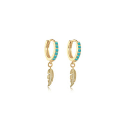 Feather Blue Turquoise  Dangle Hoops