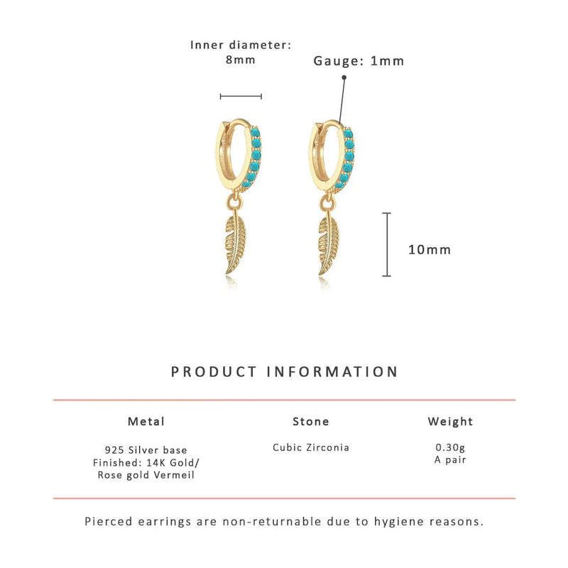 Feather Blue Turquoise  Dangle Hoops