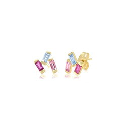 Trio Baguette Pink Blue Czs Stud Earrings